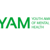 Grønn logo med teksten "YAM" i store bokstaver og "Youth aware of Mental Health" skrevet med mindre tekst ved siden av.