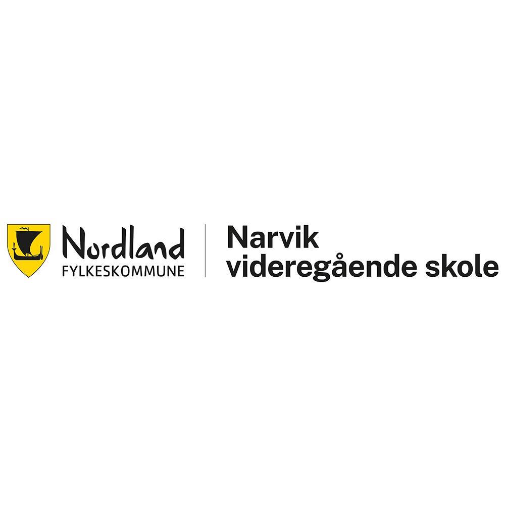 Narvik vgs sin logo.  Det gule skjoldet med et sort langskip som er fylkesvåpen for Nordland Fylkeskommune på venstre side, med sort tekst til høyre som nevner fylkeskommunen og Narvik videregående skole. - Klikk for stort bilde