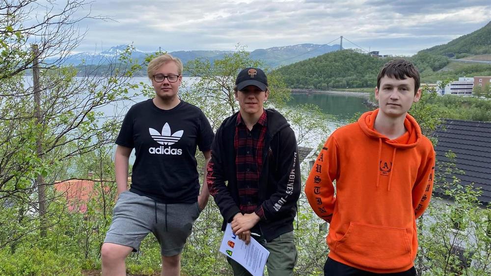 Tre gutter poserer i en skog-skrent med toppen av Hålogalandsbrua i bakgrunnen. - Klikk for stort bilde