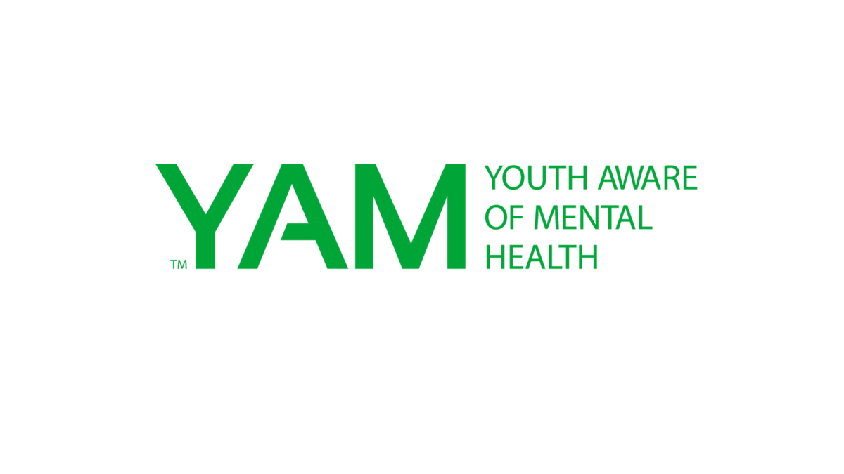 Grønn logo med teksten "YAM" i store bokstaver og "Youth aware of Mental Health" skrevet med mindre tekst ved siden av. - Klikk for stort bilde